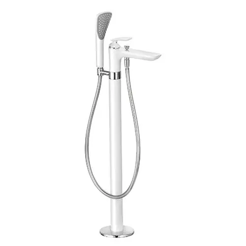 Standmischer in Weiß und Chrom von Kludi mit separatem Brausekopf, Flexschlauch und auslaufendem Wasserhahn, geeignet für Badewannenmontage.